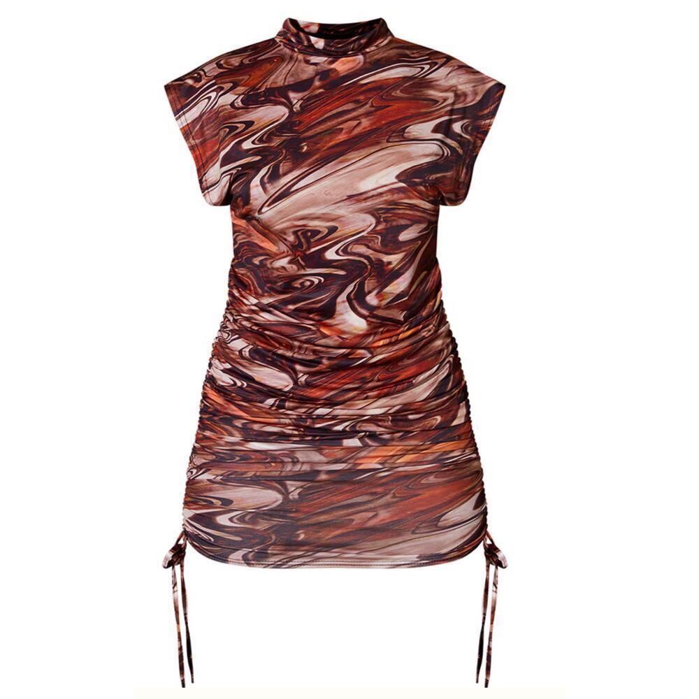 ☀️PrettyLittleThing Brown Print Slinky Sleeveless Ruched Bodycon Mini Dress - Picture 4 of 8